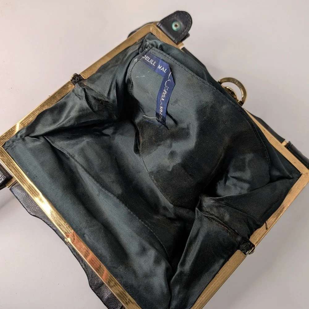 Vintage Made in Germany Floral Tapestry Black Leather Shoulder Bag Handbag Gold